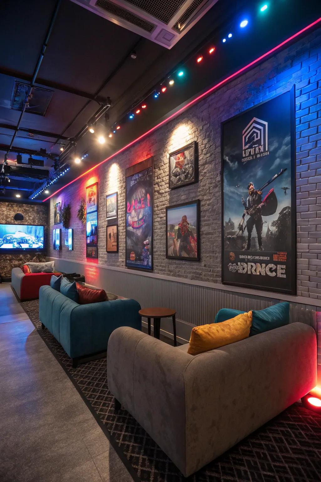 Gaming-themed decor adds personality and flair to the lounge space.