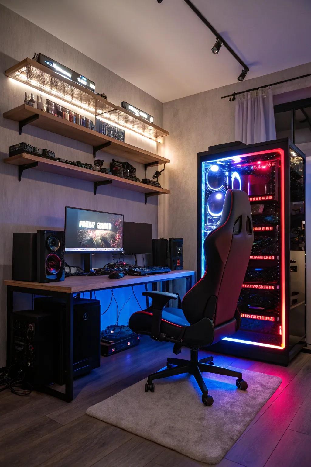 A high-performance PC setup is the heart of this gaming room.