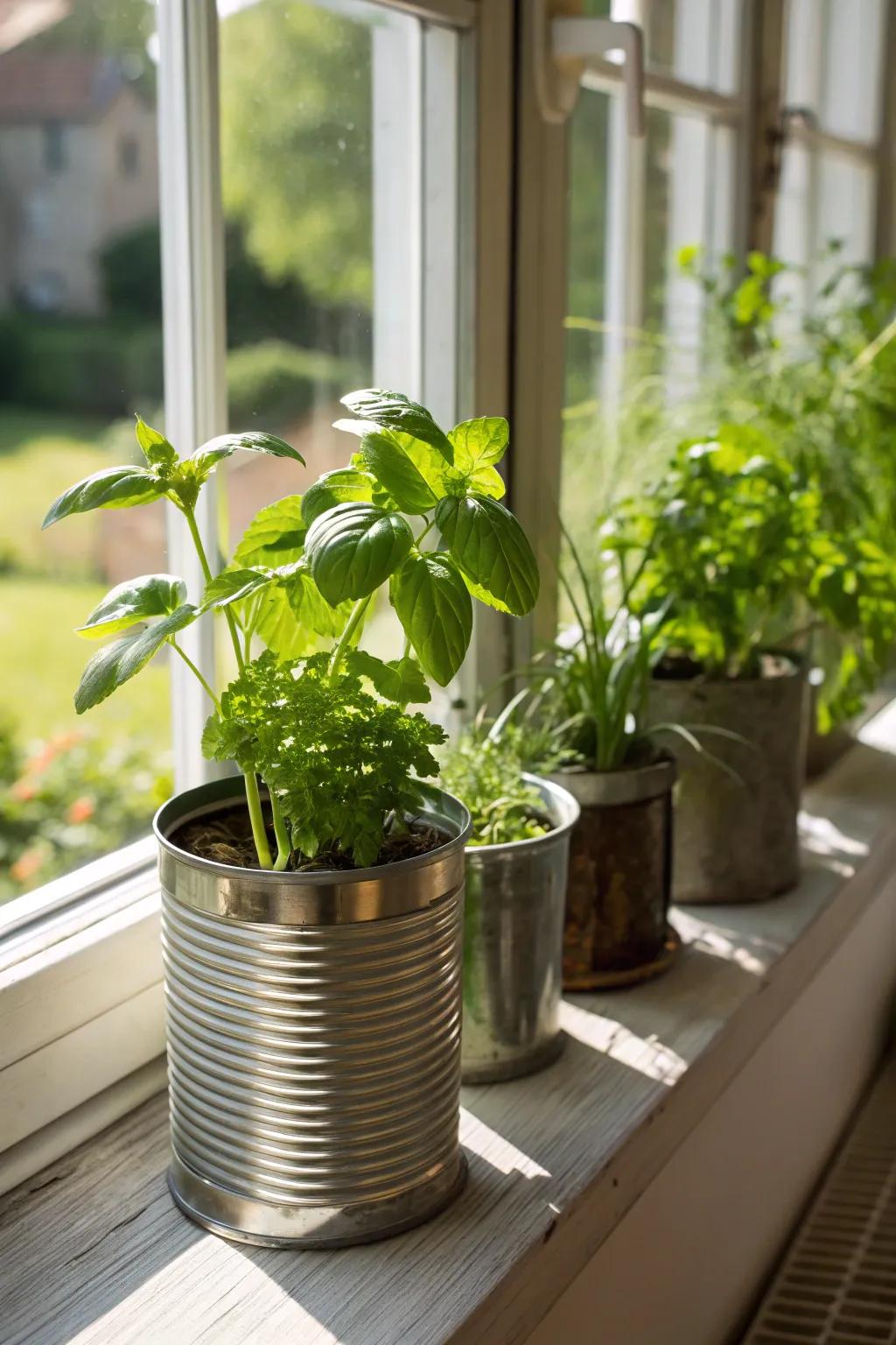 Upcycled containers make charming herb planters.