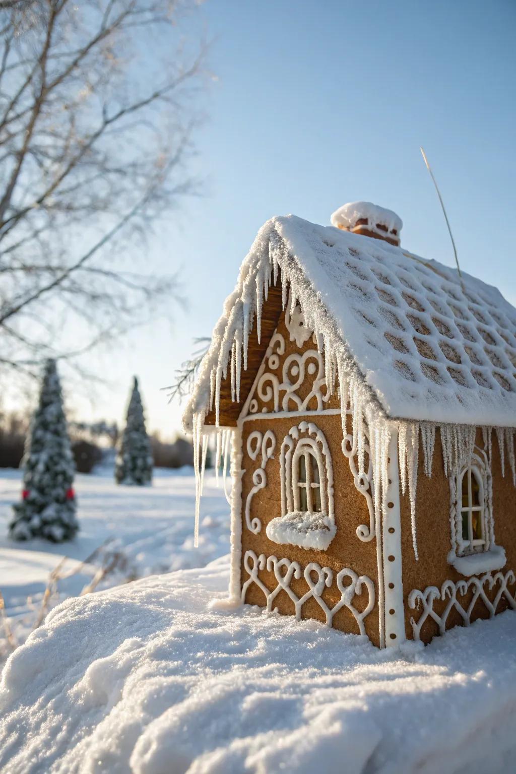 Whimsical frosting pendants enrich the gingerbread cottage.