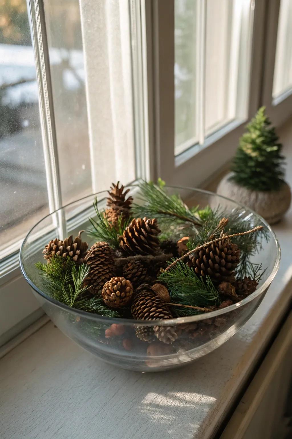 Inherent sophistication is showcased by cones of pine and greenery nestled inside a clear bowl.