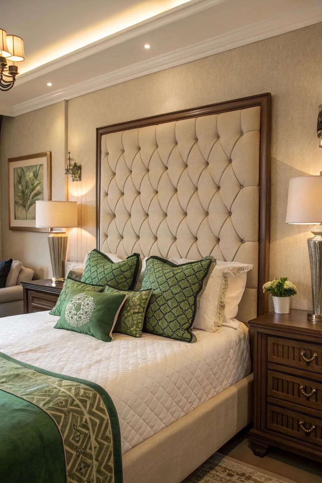 An upholstered headboard introduces sophistication.