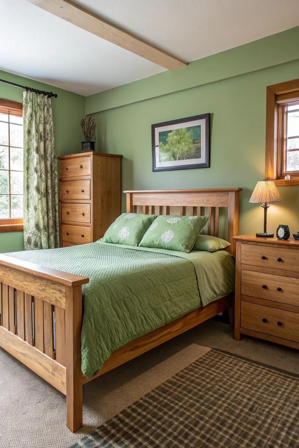 Natural wood accents complement green tones beautifully.