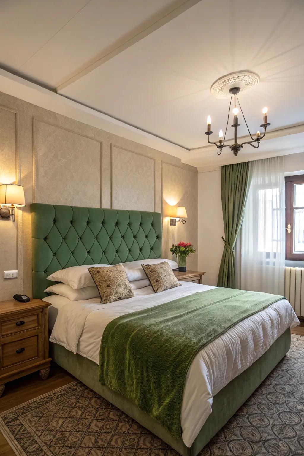 A green upholstered headboard serves as a striking focal point in this bedroom.