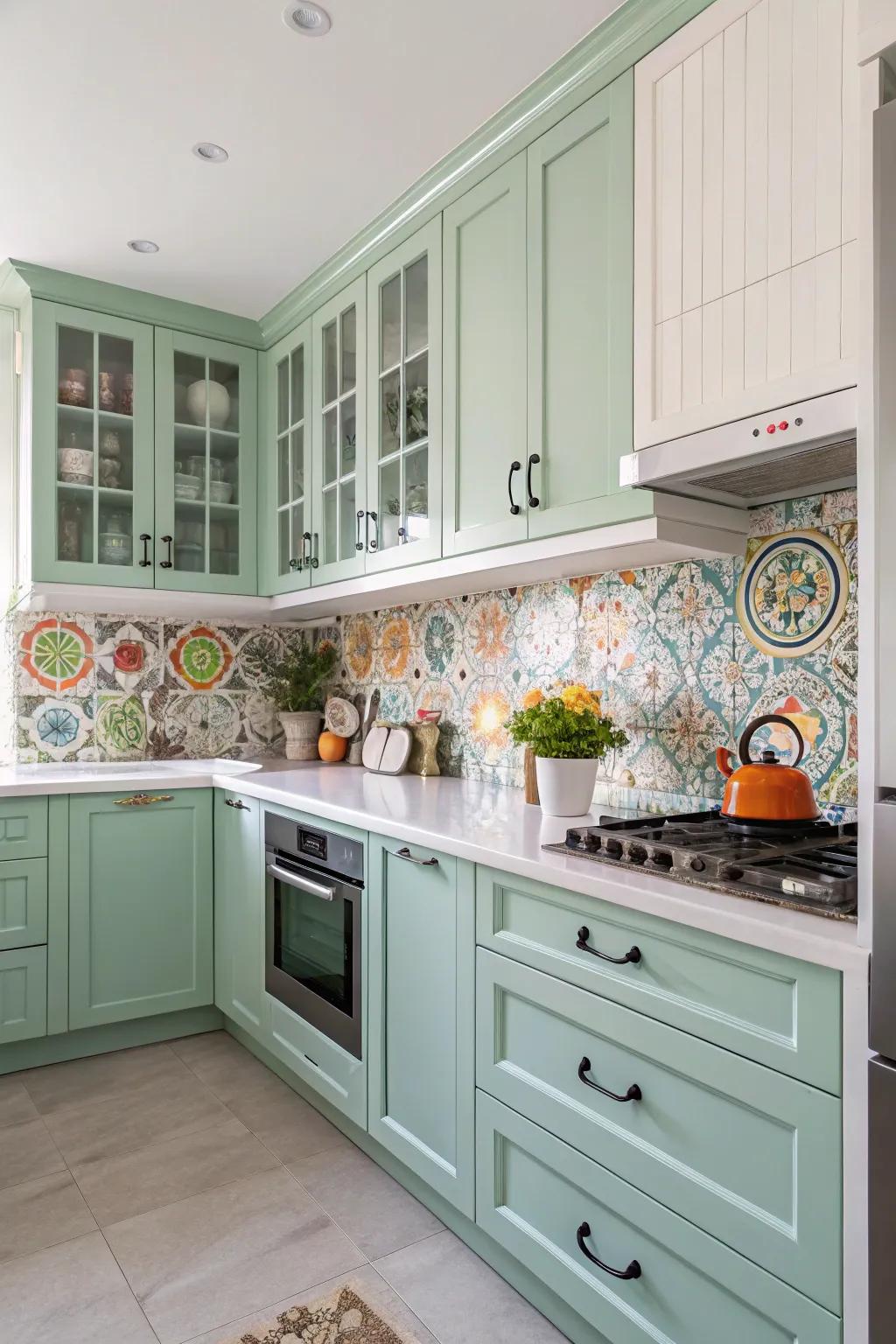 Playful kitchen with mint green cabinets and vibrant details.