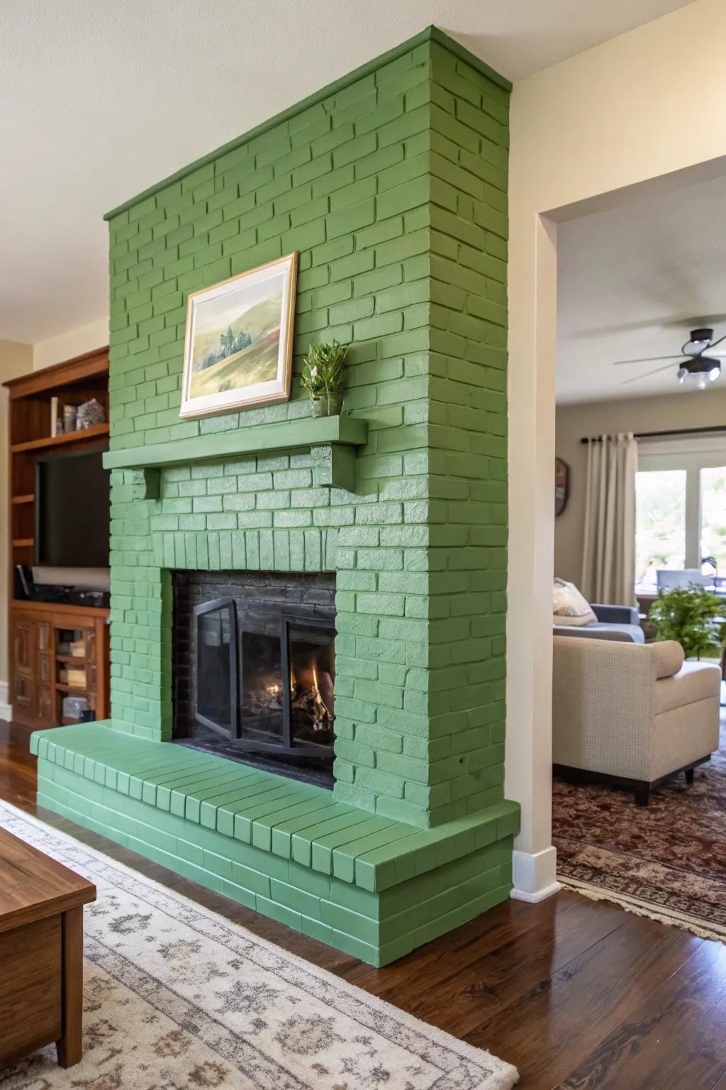 A modern living room with a striking green painted brick fireplace.