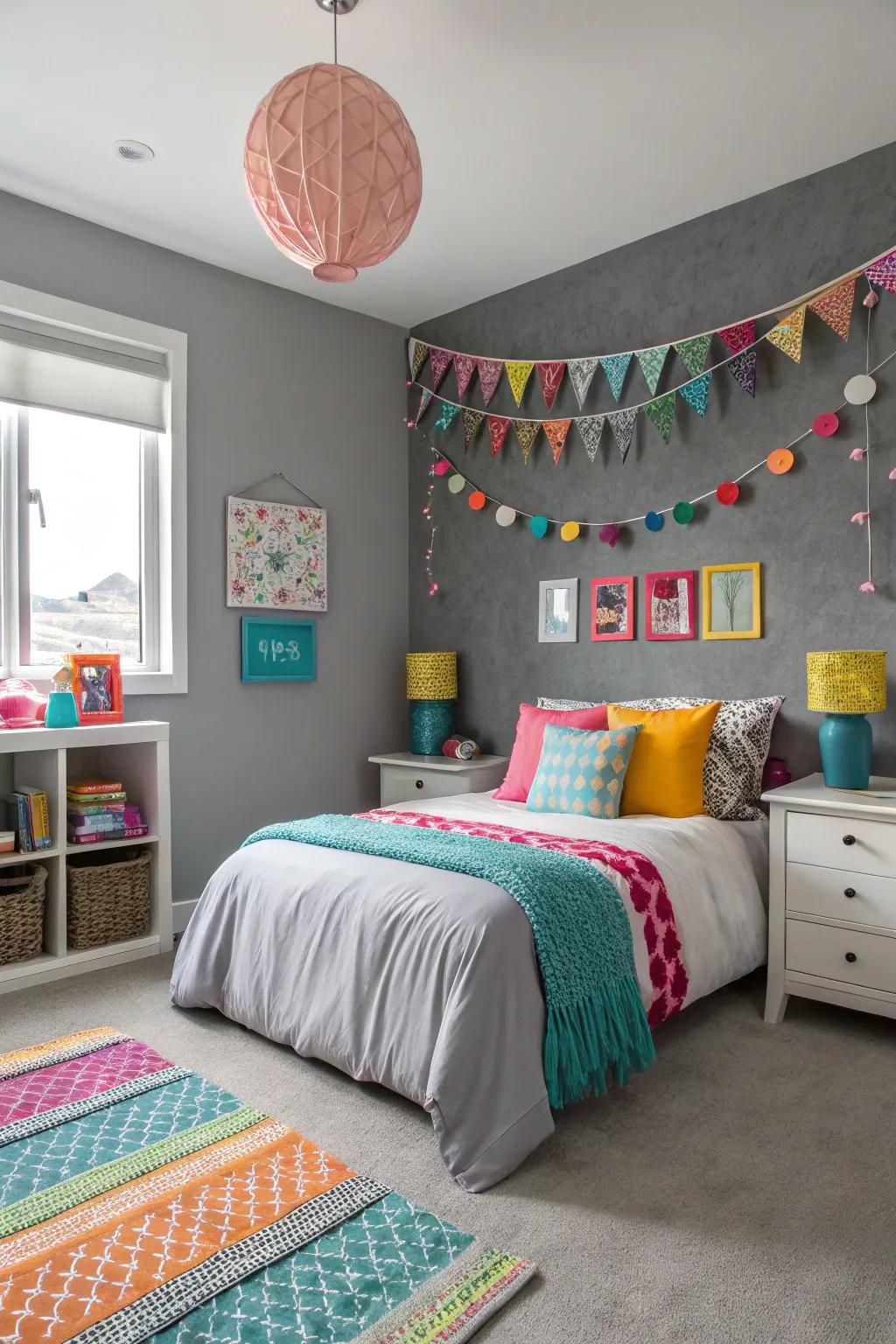 A vibrant bedroom with a grey accent wall and pops of color.