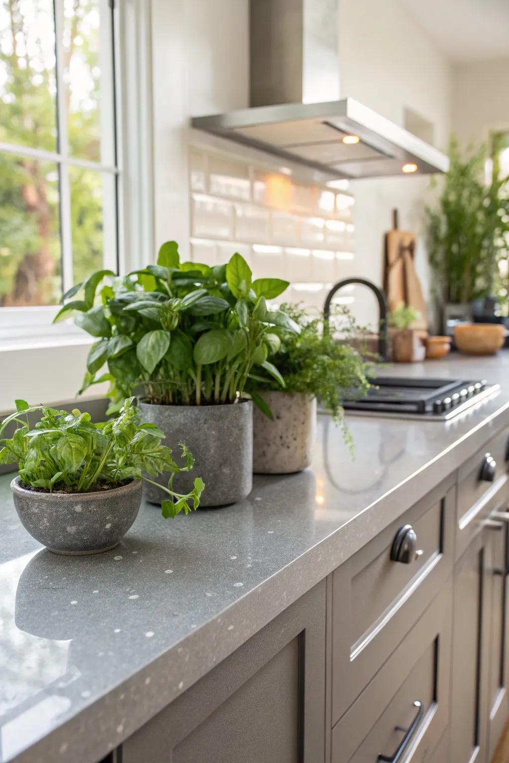 Eco-friendly kitchen with grey recycled glass countertops.