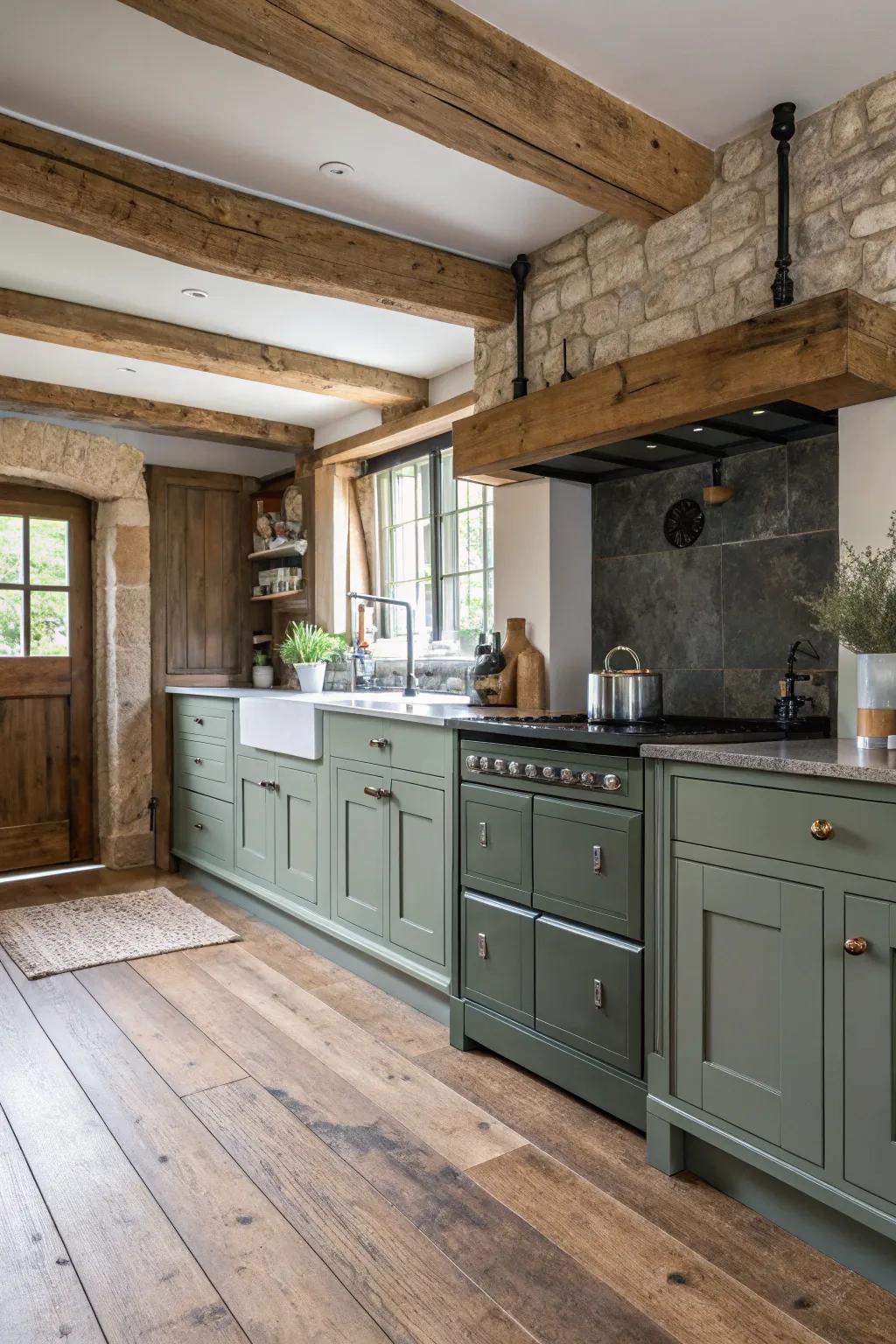 Rustic wood flooring complements the modern look of grey-green cabinets.