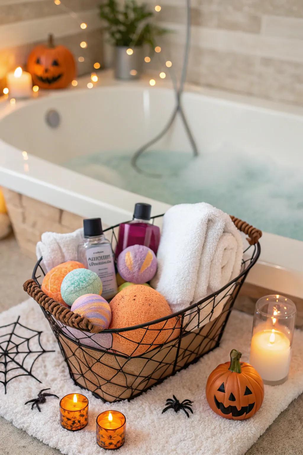 A spa-themed basket for a relaxing Halloween treat.