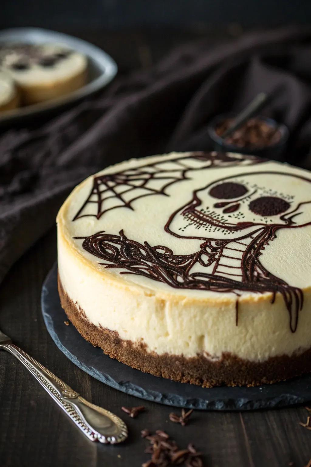 A cheesecake featuring a spine-chilling skeleton face design.