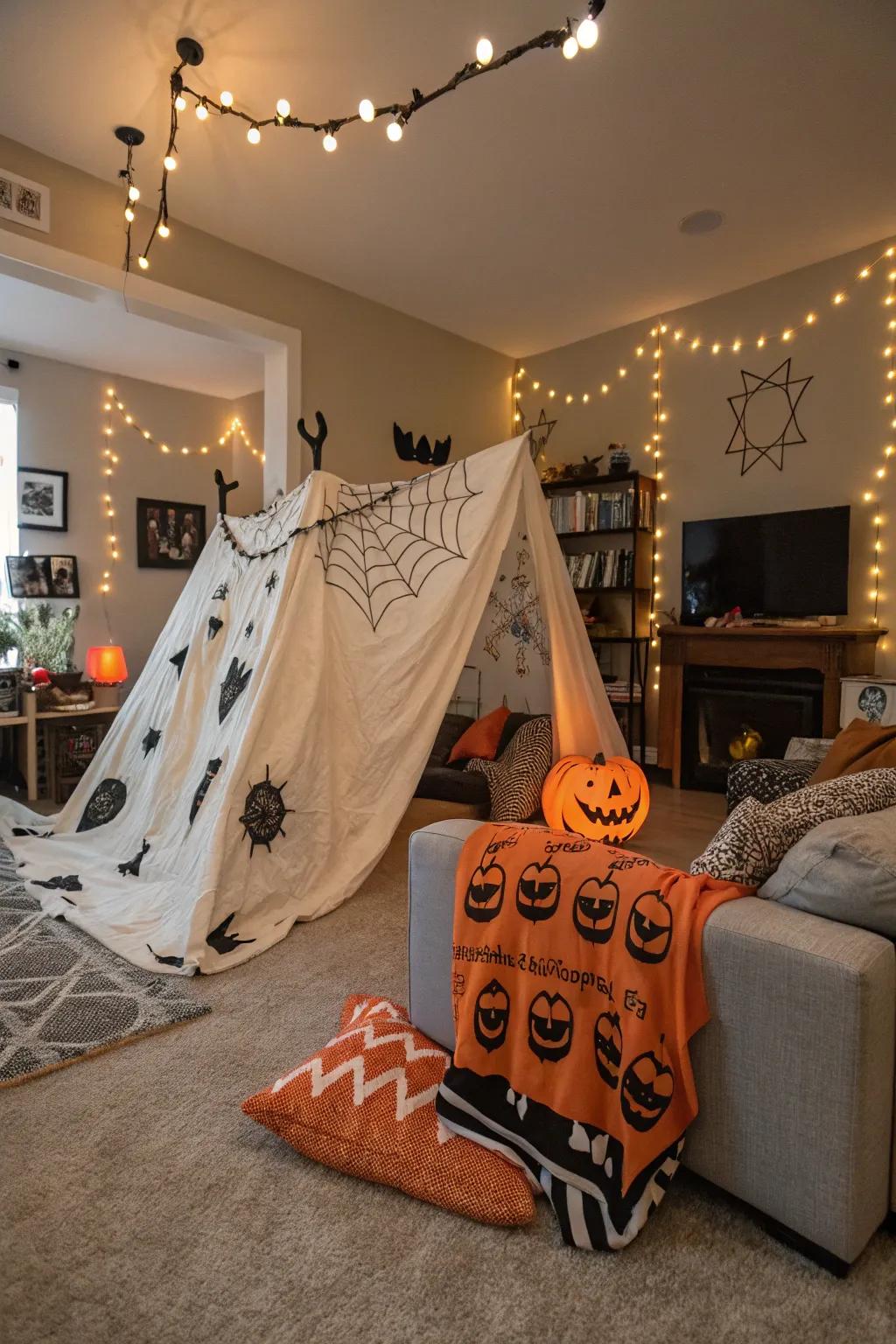 A haunted house blanket fort invites both comfort and chills.