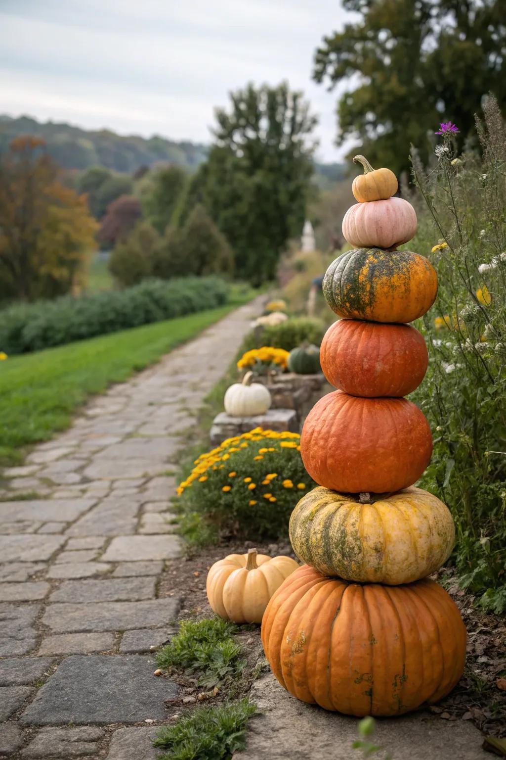 Create a striking display with a multi-pumpkin tower.