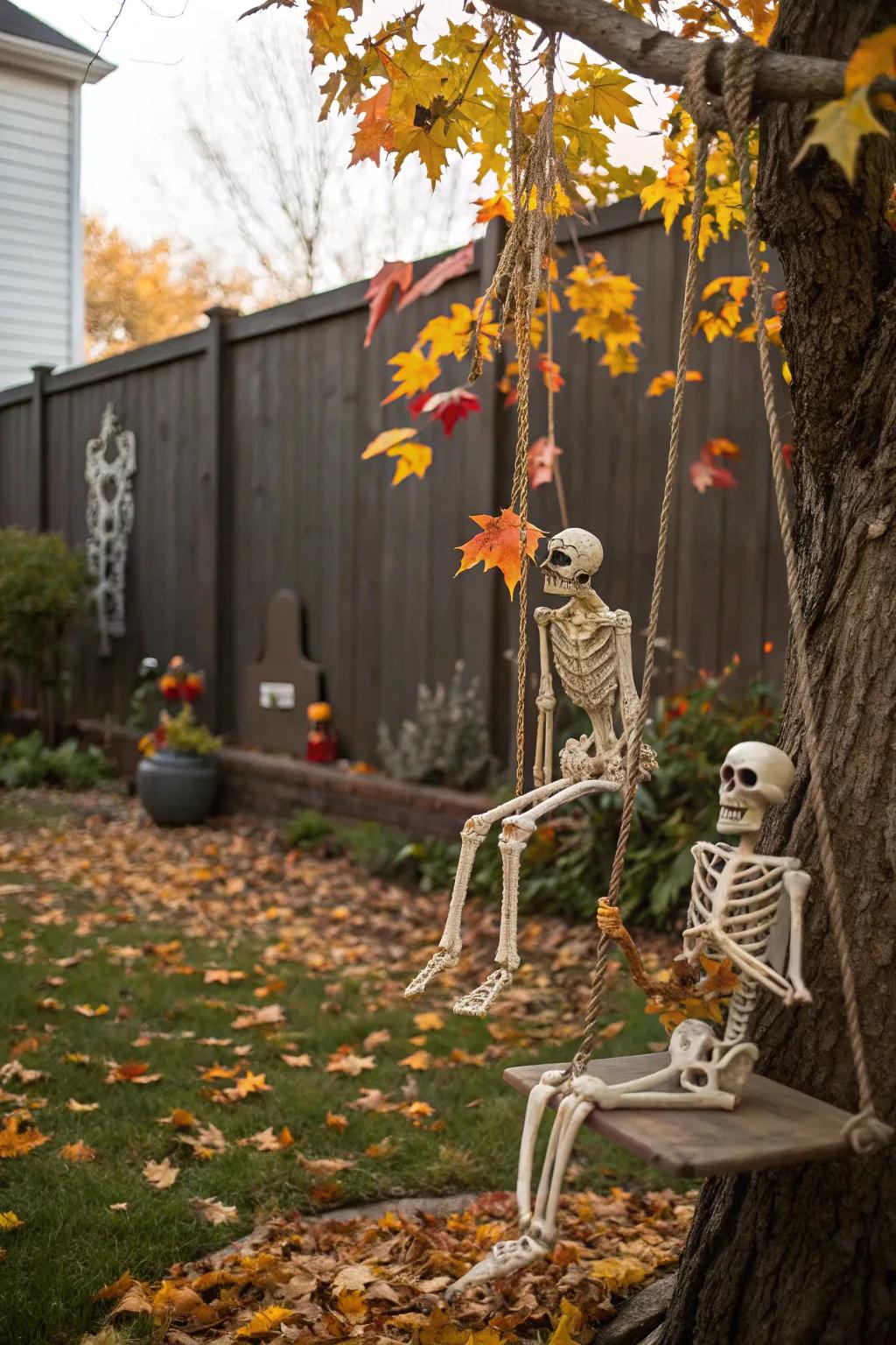 Swinging skeletons create a fun and dynamic Halloween display.