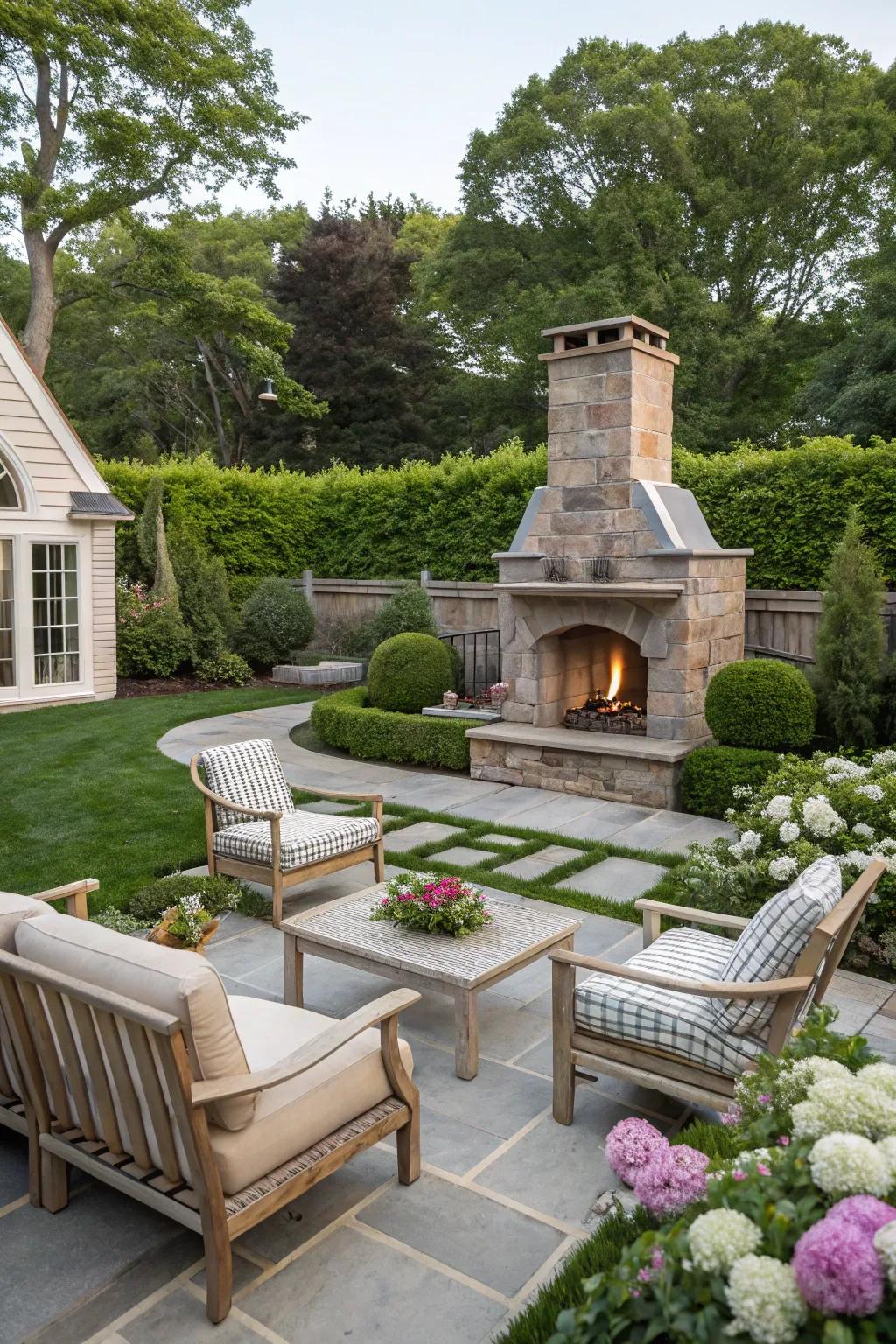 A toasty fire feature crafts a cozy gathering location in your Hamptons-inspired backyard.