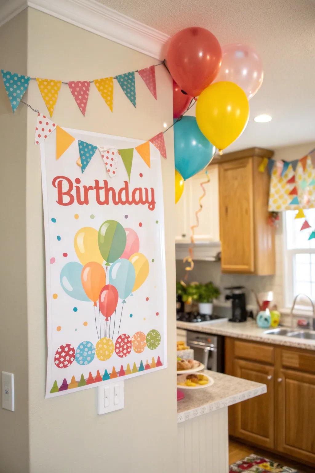 Streamers and pennants bring a playful touch to birthday signs.