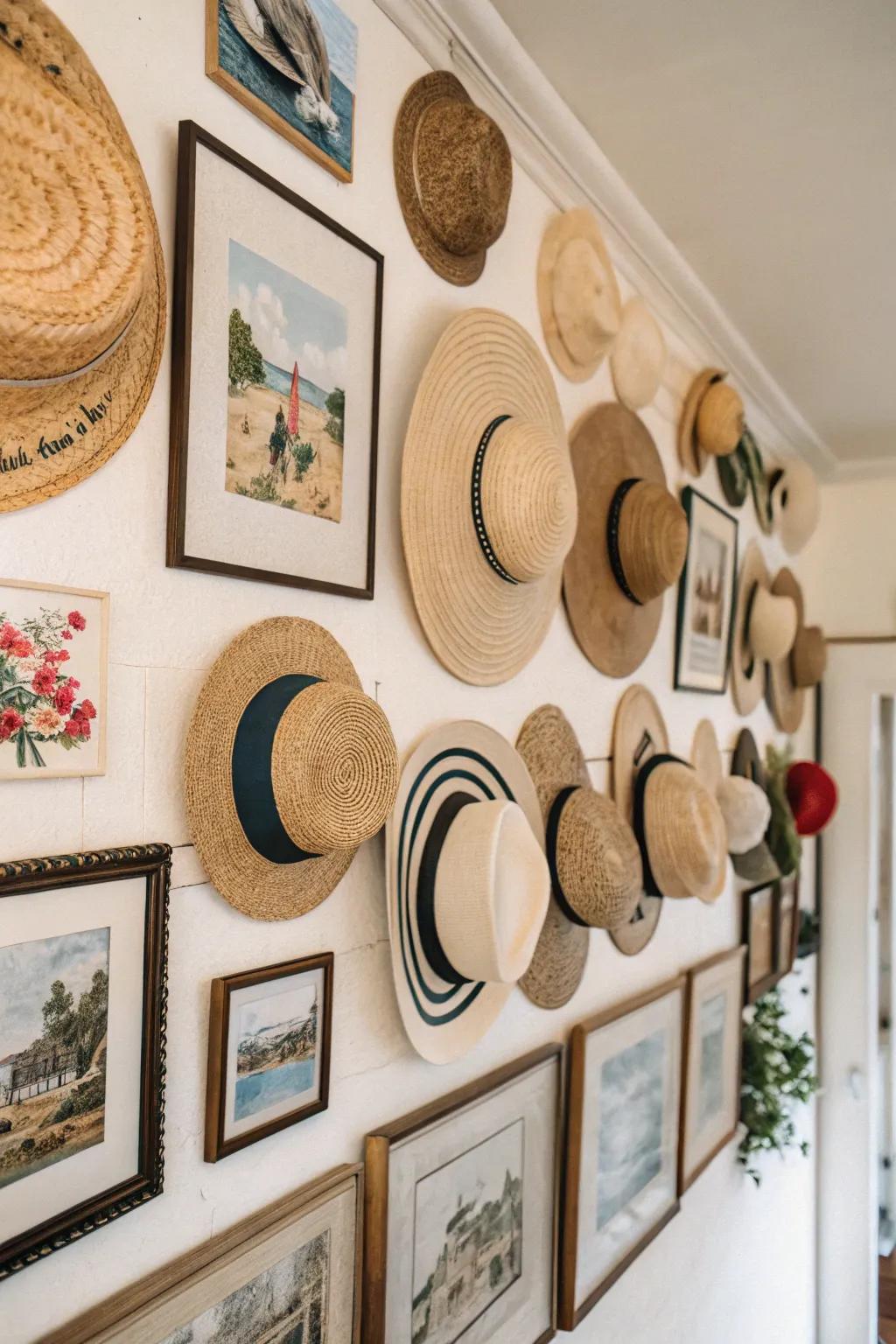 Integrate framed art for a cohesive hat display.