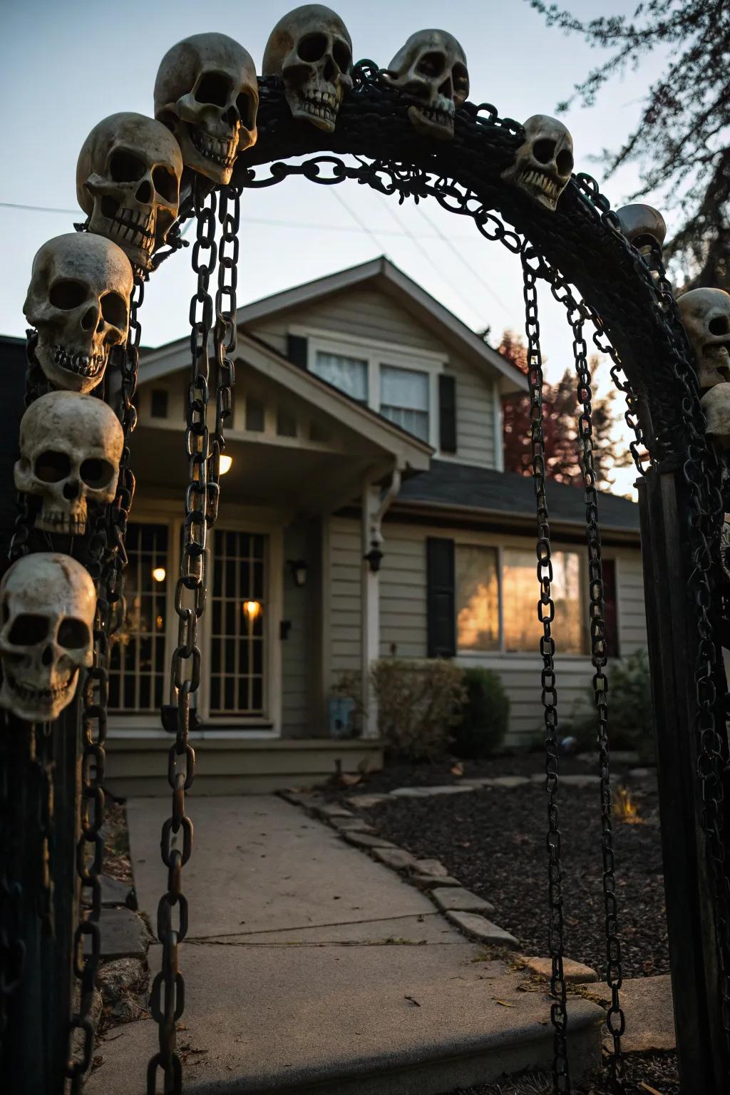 Create a grand entrance with a spooky skull archway.