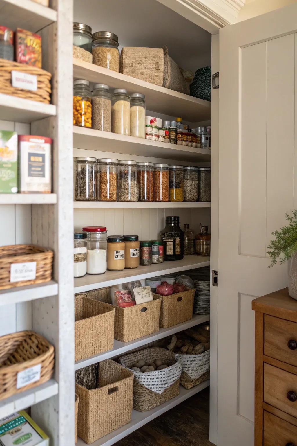 Open shelving inside a hidden pantry for efficient organization.