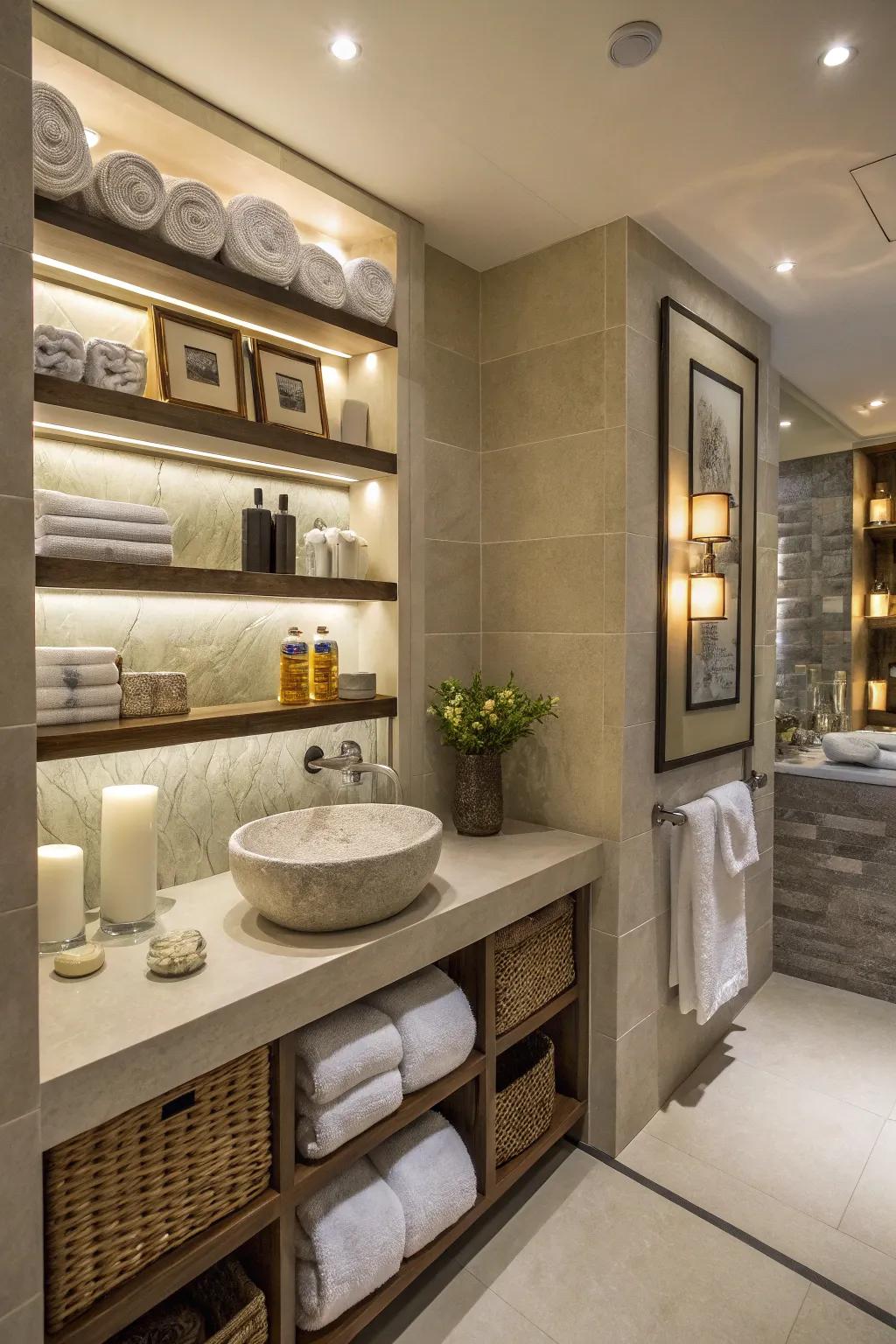 Create a spa-like bathroom with neatly organized in-wall shelves.