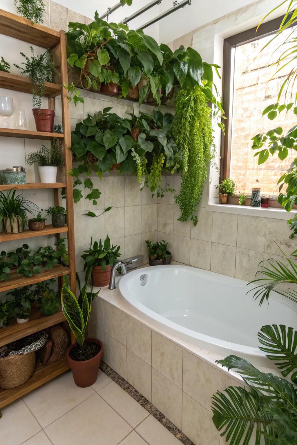 Design a calm bathroom escape using greenery.
