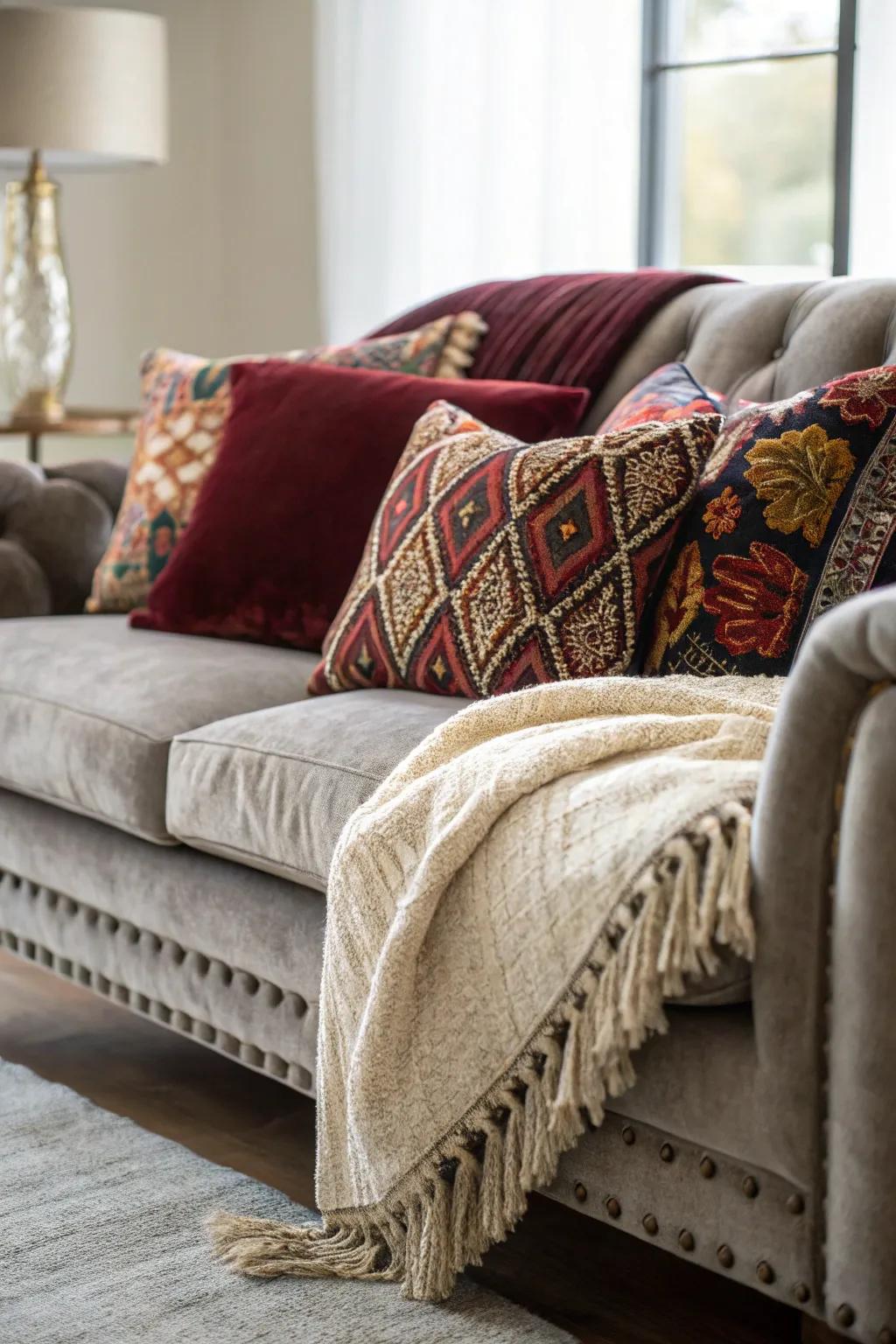 A medley of textiles introduces texture and warmth to this sofa.