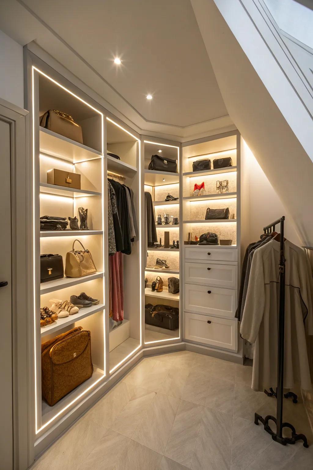 Strategic lighting brightens and enhances an irregular closet's features.