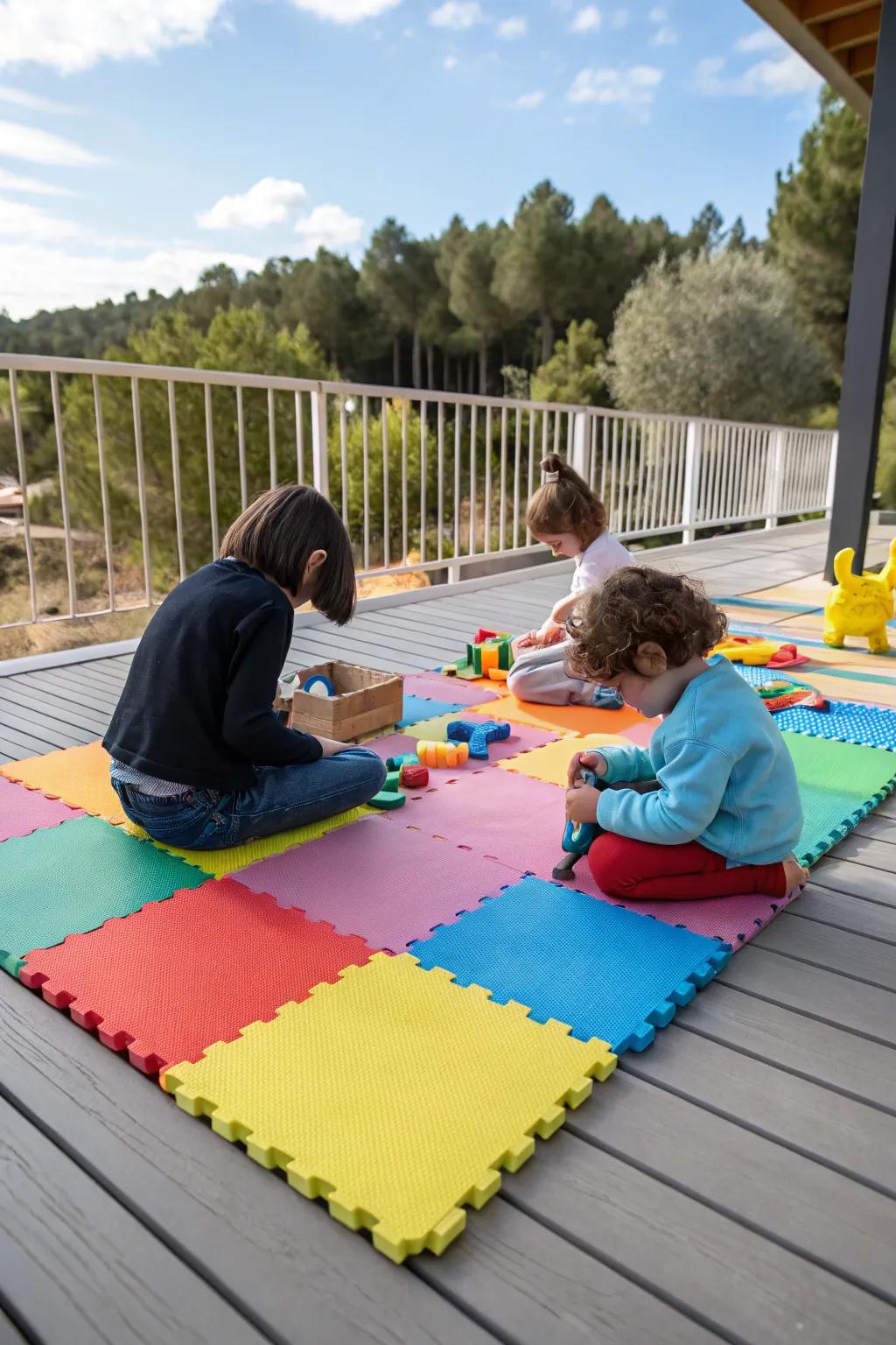 A deck covered with colorful foam mats where children are sitting and playing with toys.