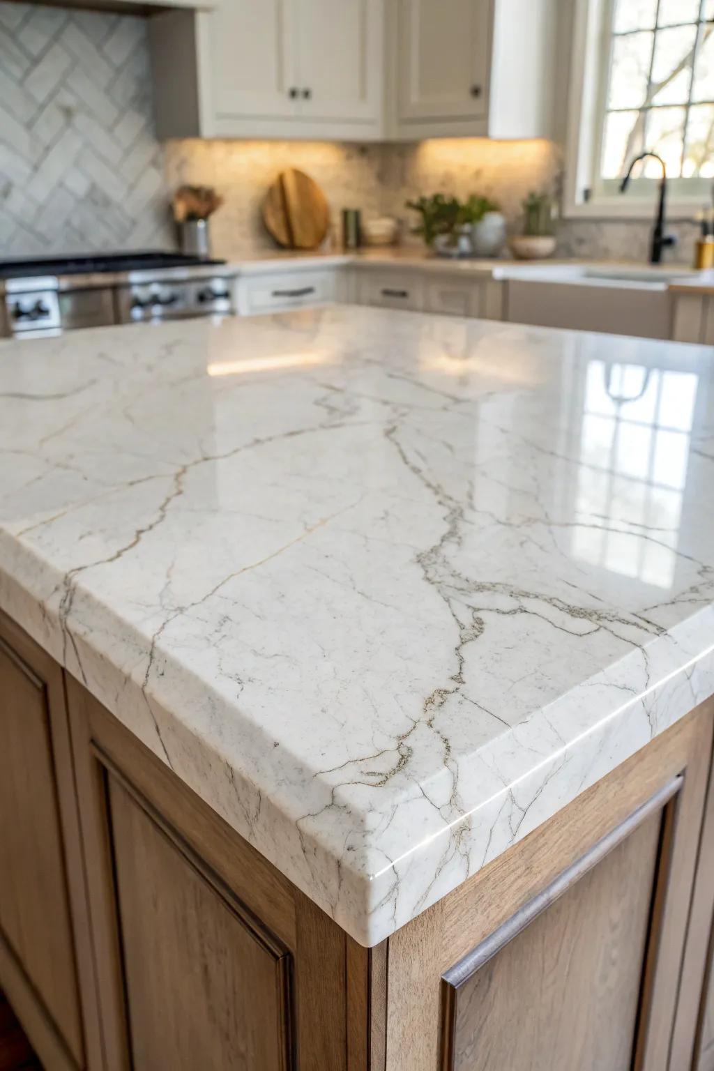 Elegant marble lends a luxurious touch to the kitchen island.