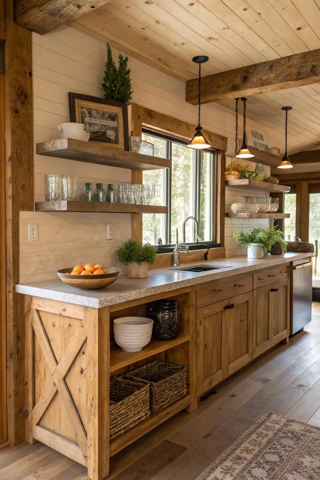 A rustic peninsula that adds warmth and character to the kitchen.