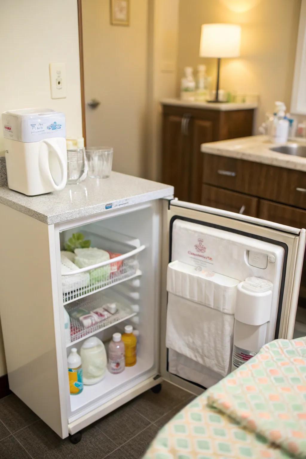 A mini fridge and small sink offer convenience for nursing mothers.