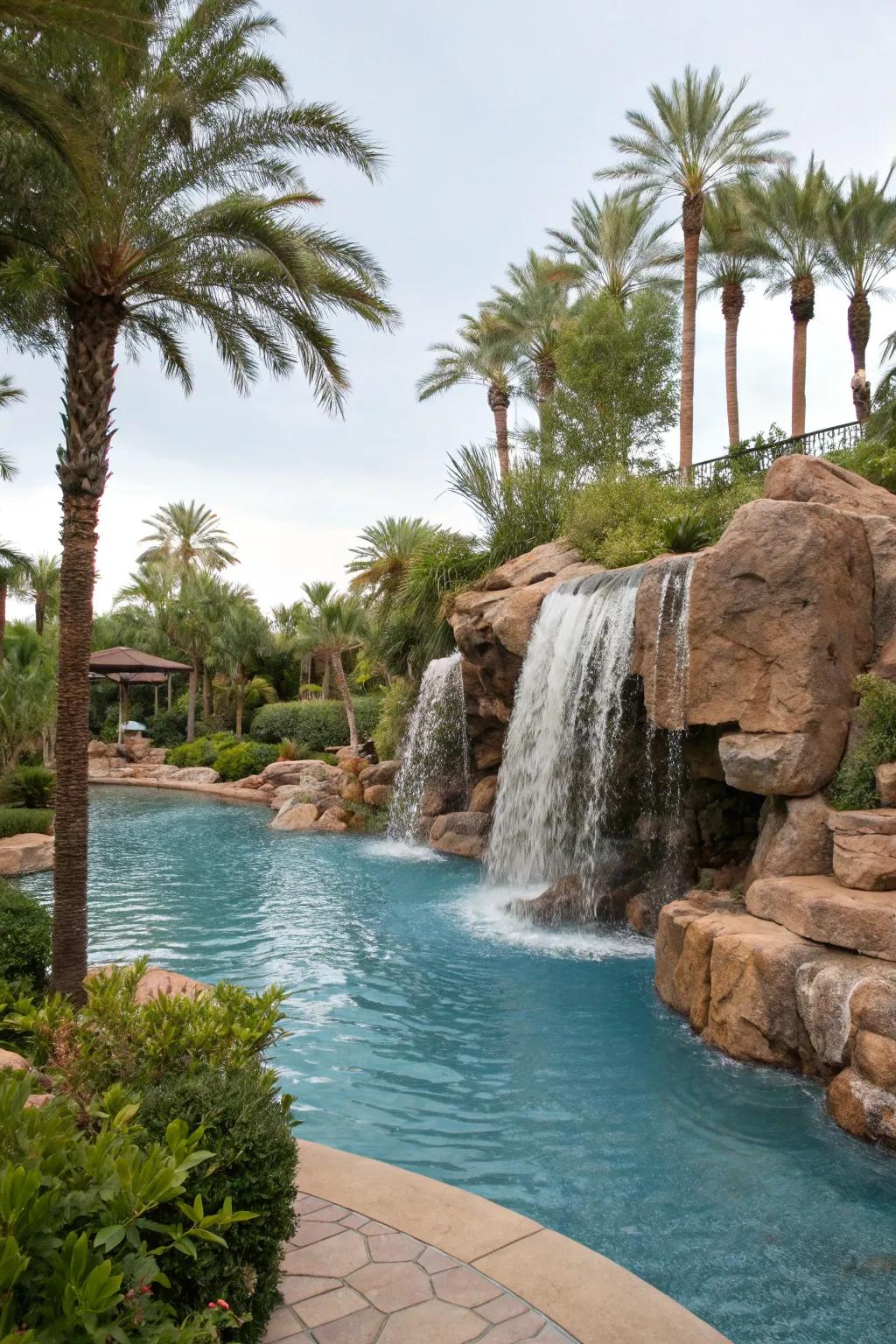 Waterfalls add movement and tranquility to lagoon pools.