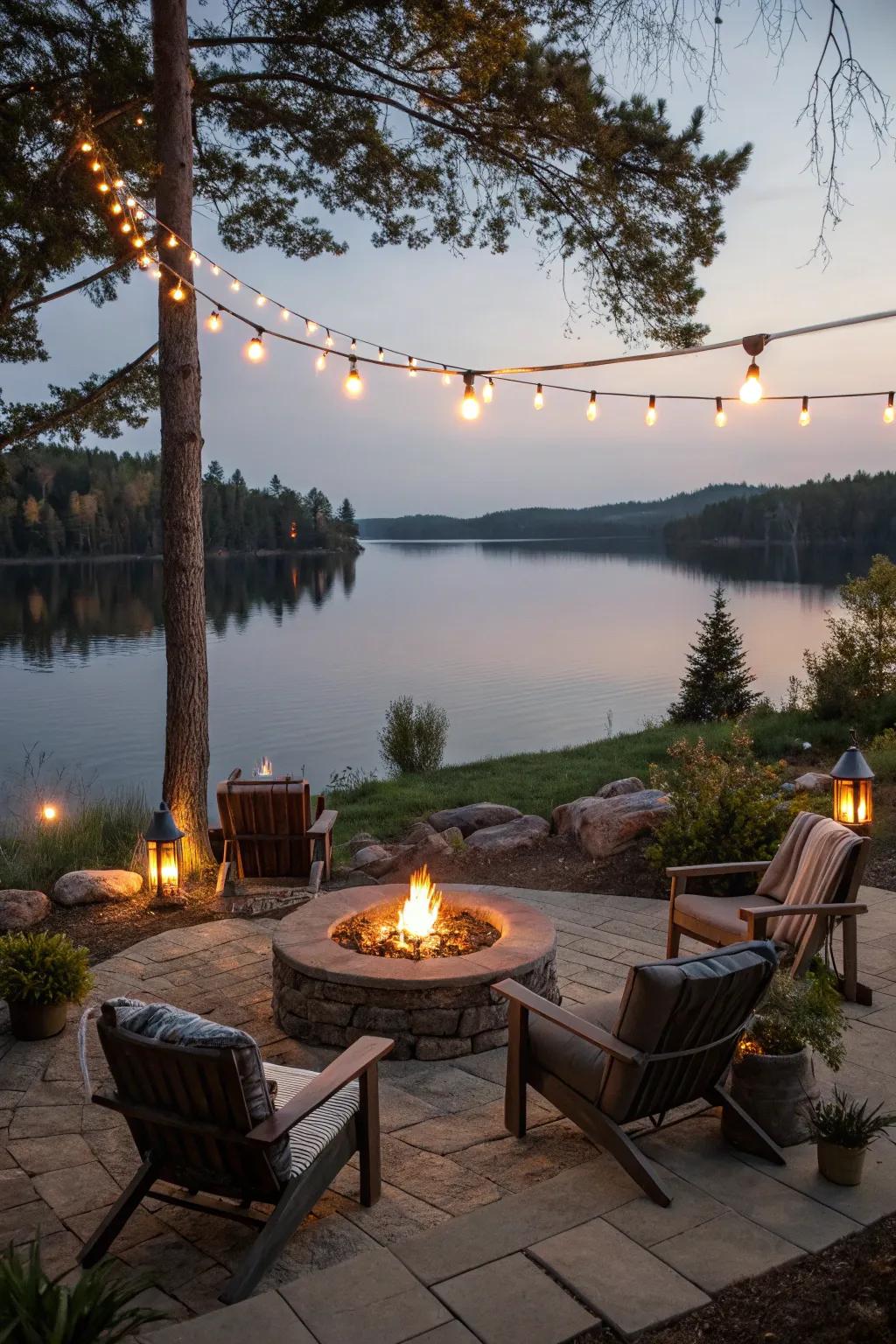 String lights create a warm and inviting ambiance around your fire pit.