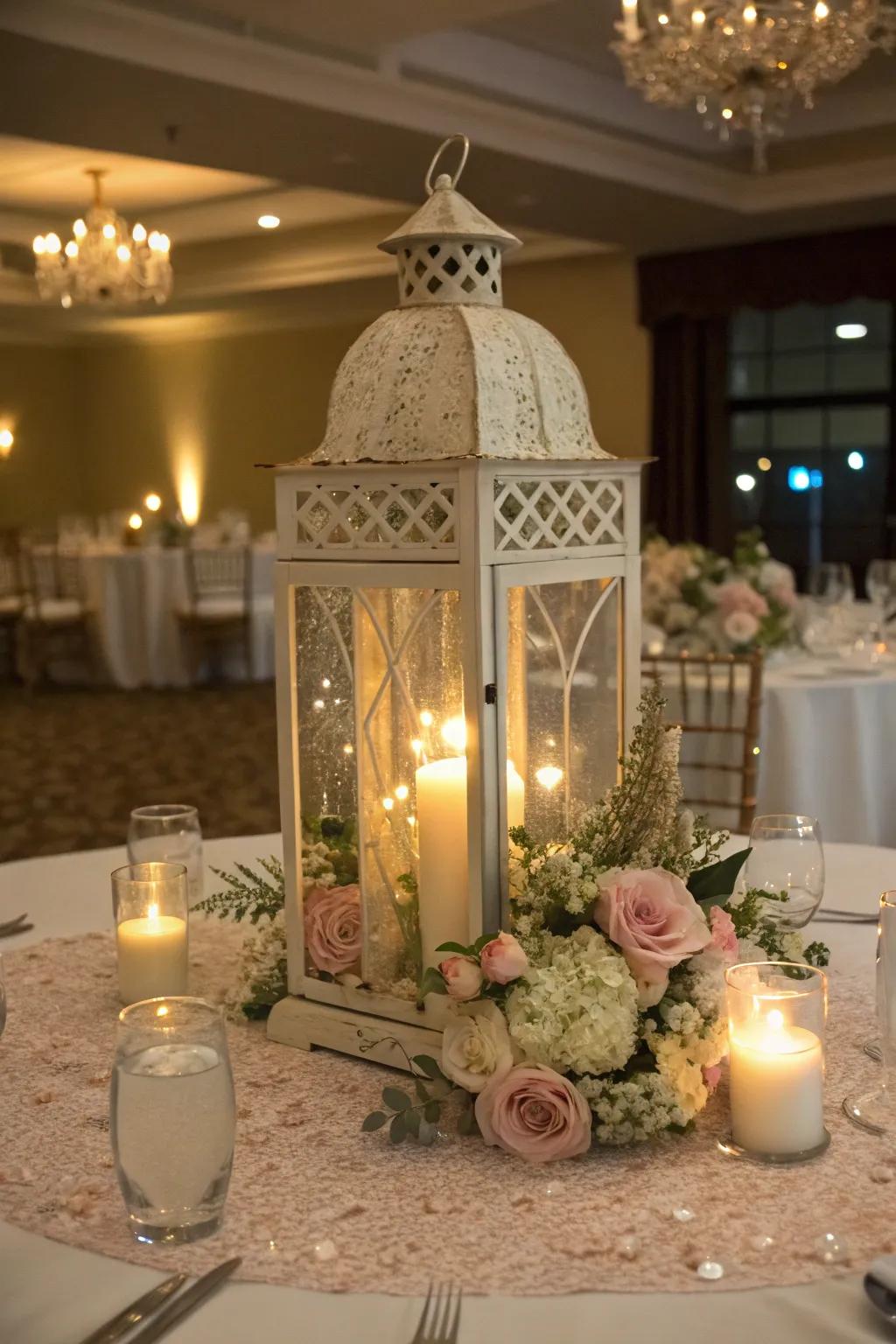 An anniversary-themed lantern centerpiece.