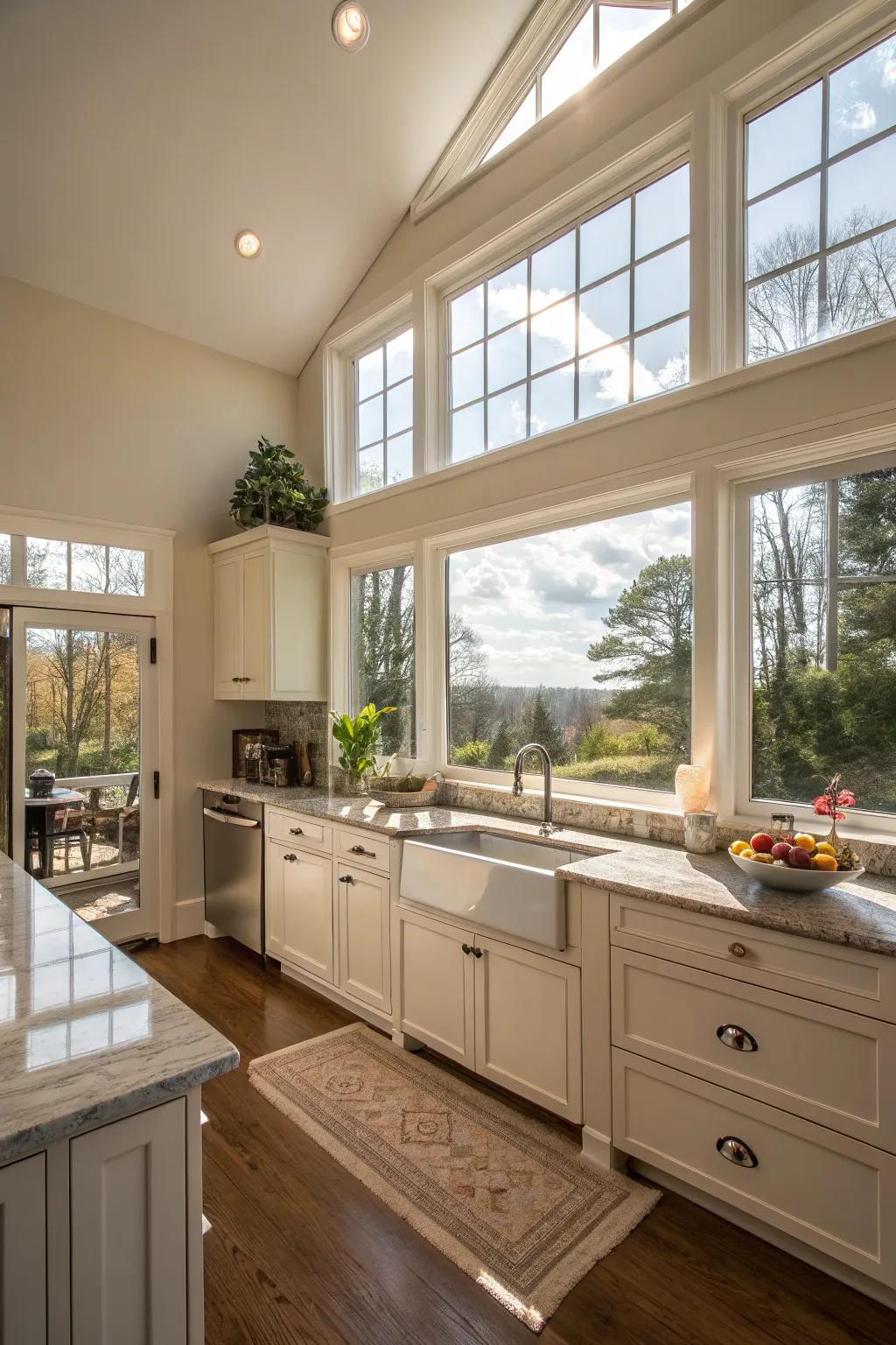 Transom windows adding additional light and ventilation to a kitchen.