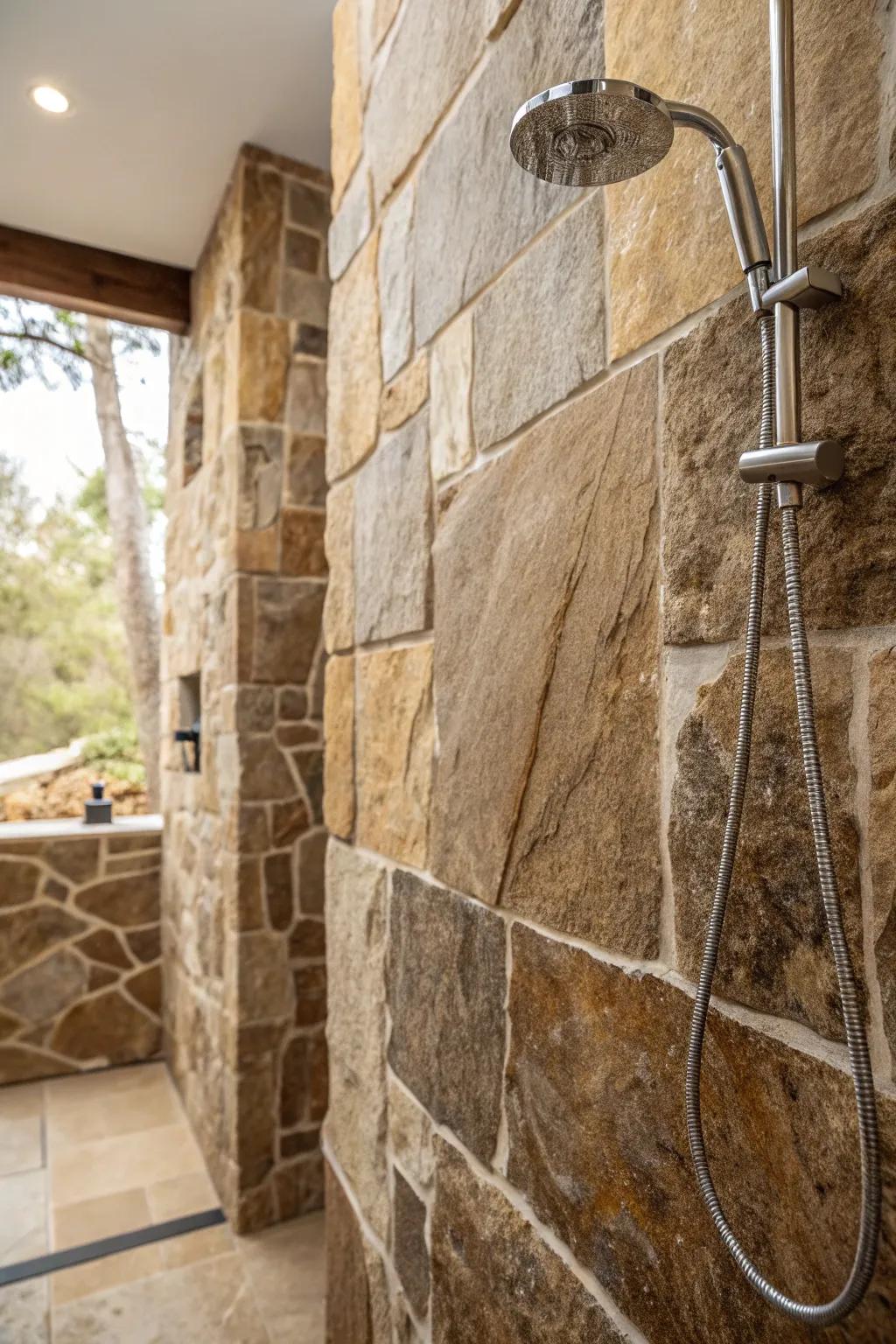 Natural stone textures add a classic touch to modern showers.