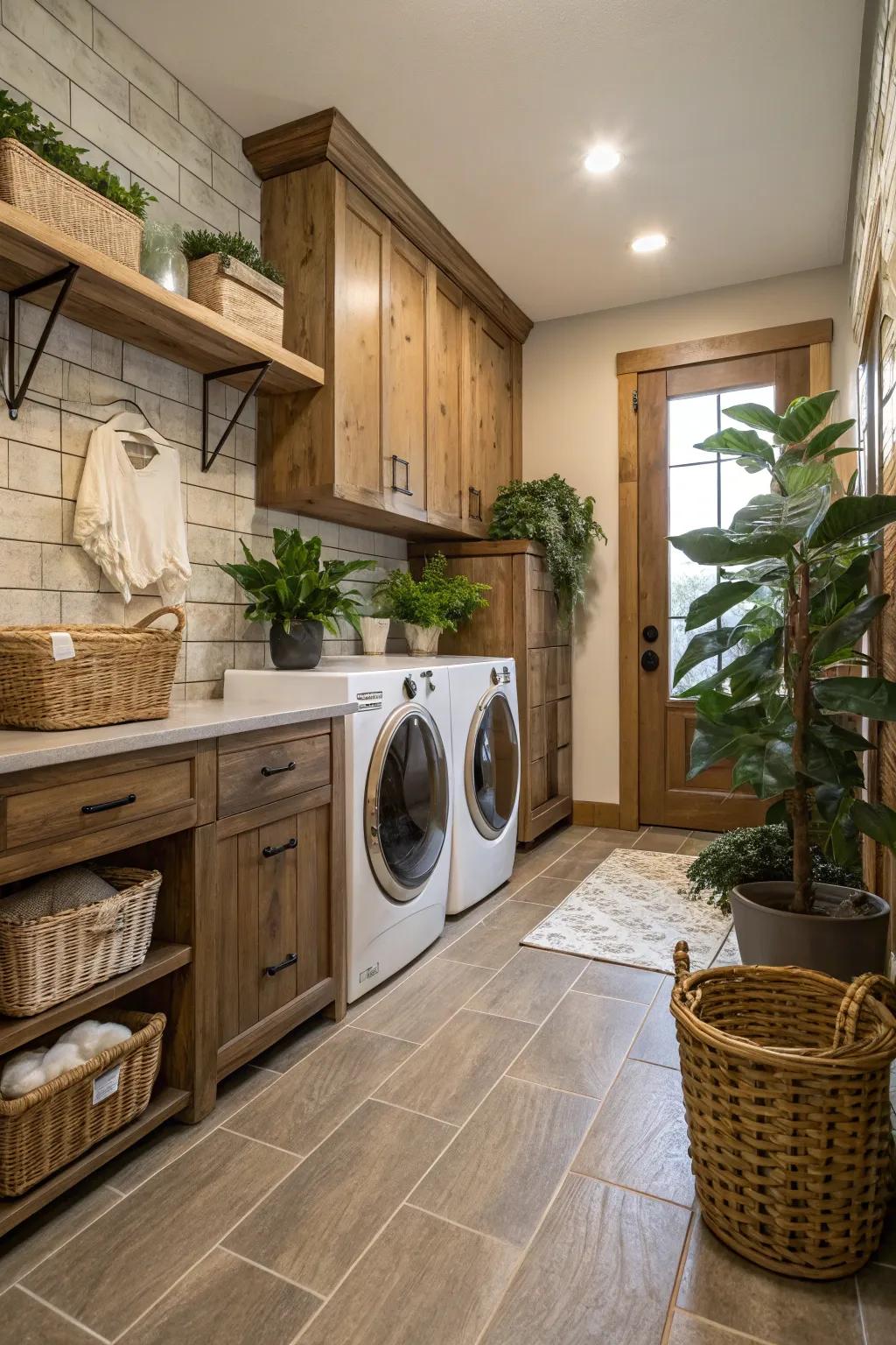 Natural materials bring warmth and earthiness to the laundry room.