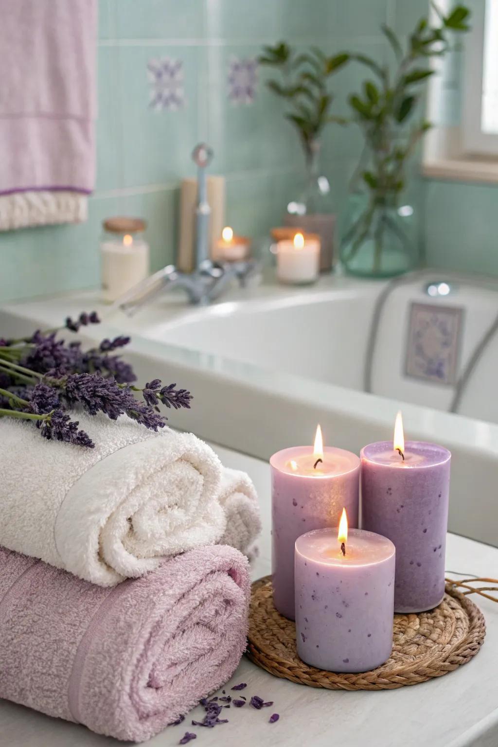 A bath space reborn as a spa-like retreat, accented beautifully with lavender elements.