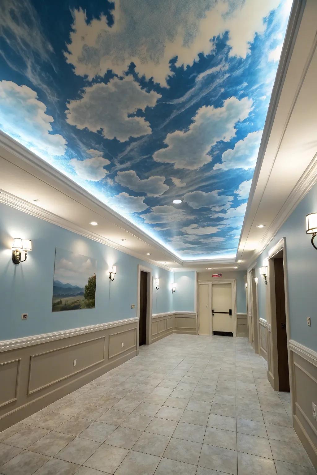 An artistic sky mural on a sky-blue ceiling creates a sense of openness.