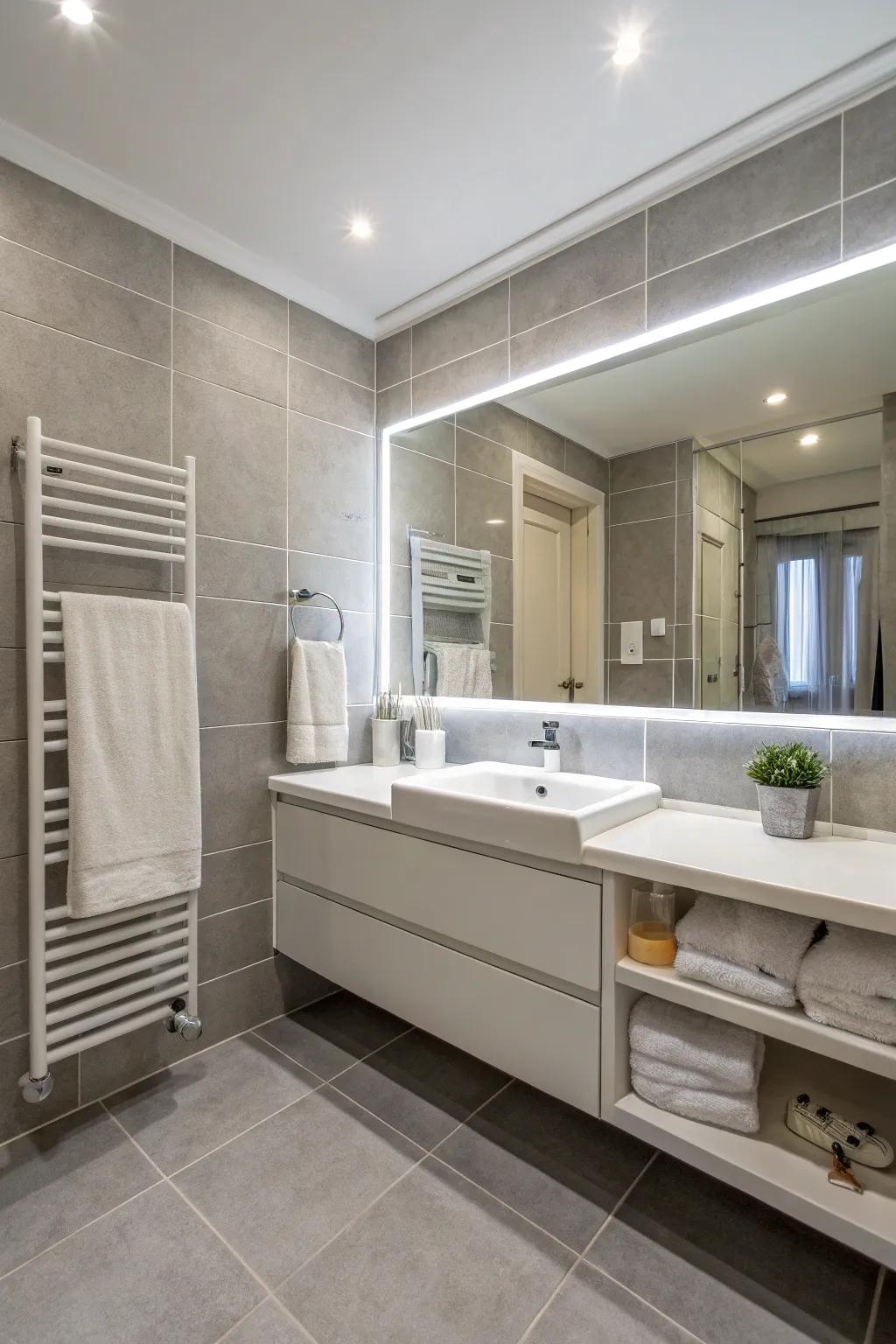 Gentle grays offer depth and sophistication in a light bathroom.