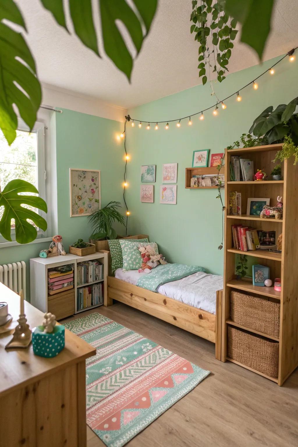Nature-inspired greens create a serene and refreshing space.