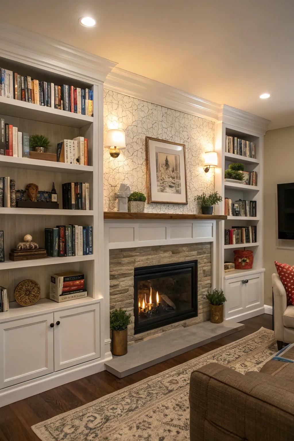 Integrated shelving around a fireplace for style and storage.