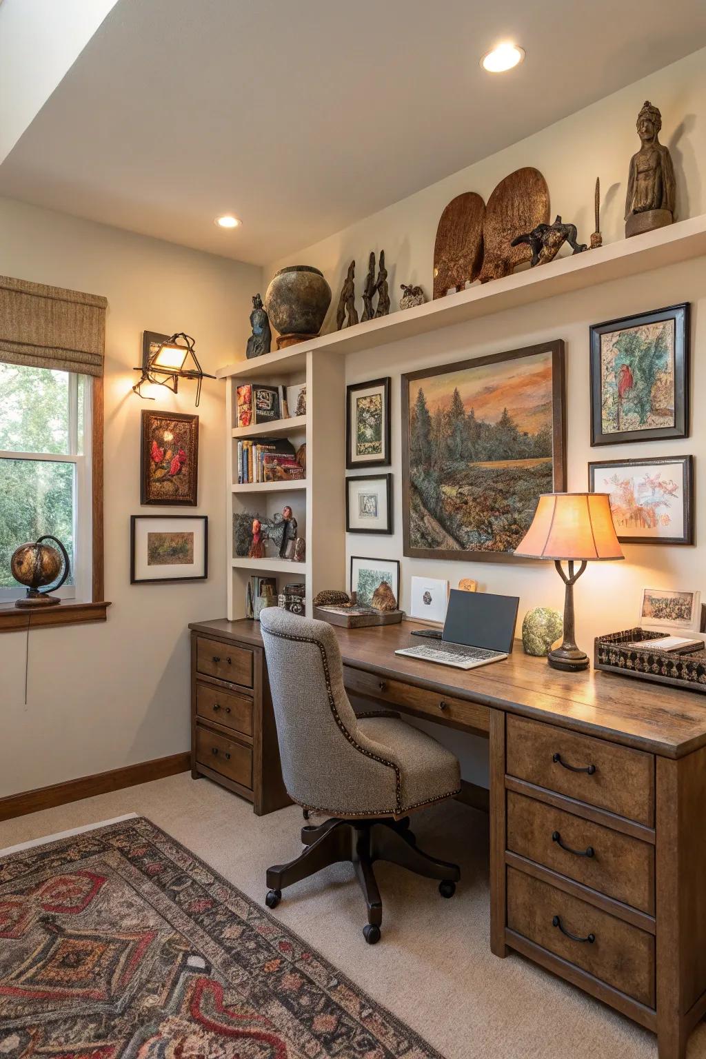 A personalized home office with art and decor.