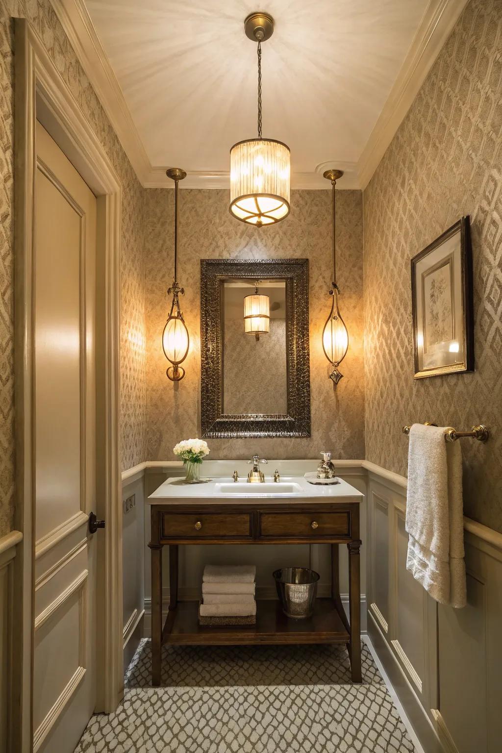 Subtle lighting enhances the ambiance of this luxurious powder room.