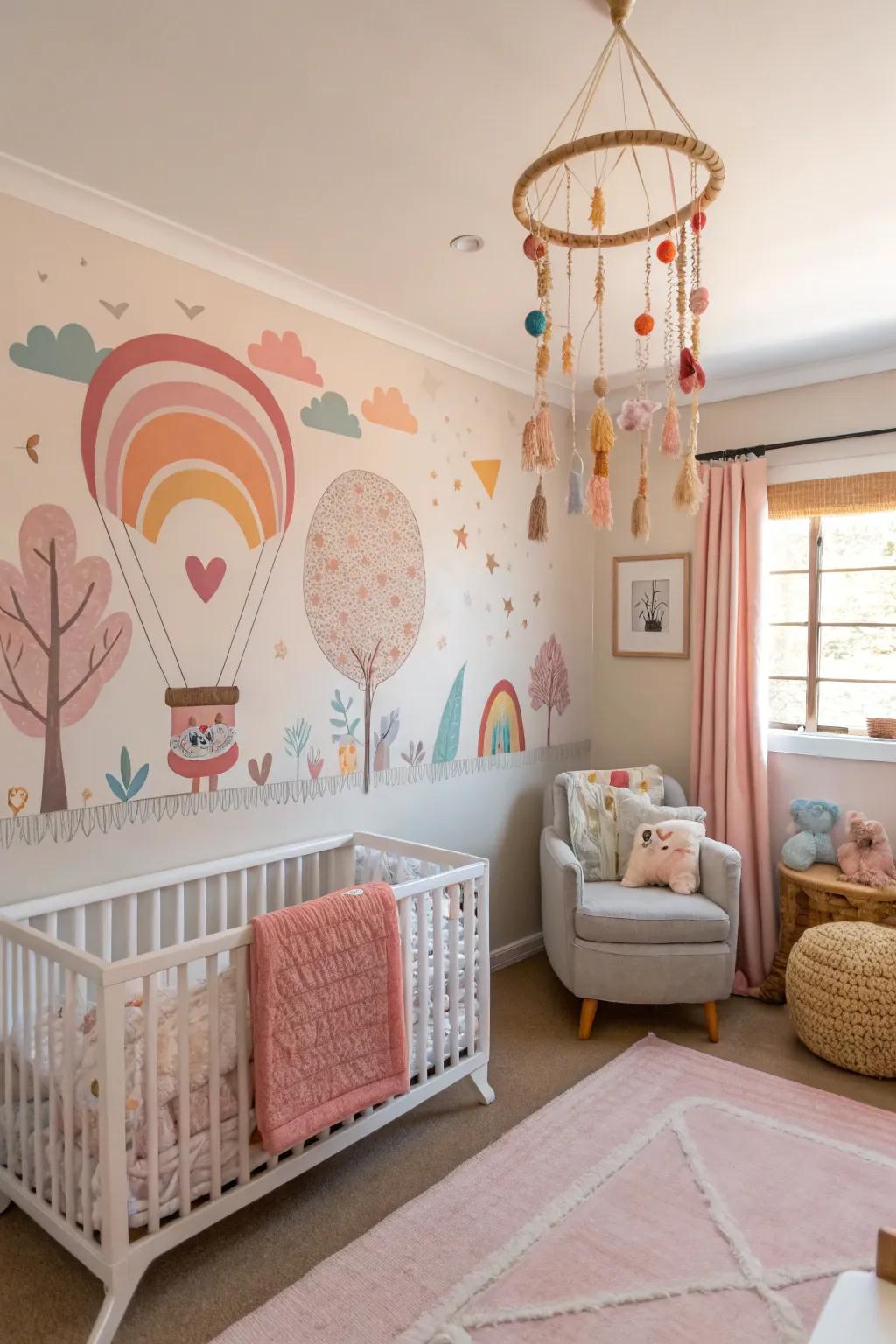 A baby room with special decorations like a big wall art piece and a fun mobile.