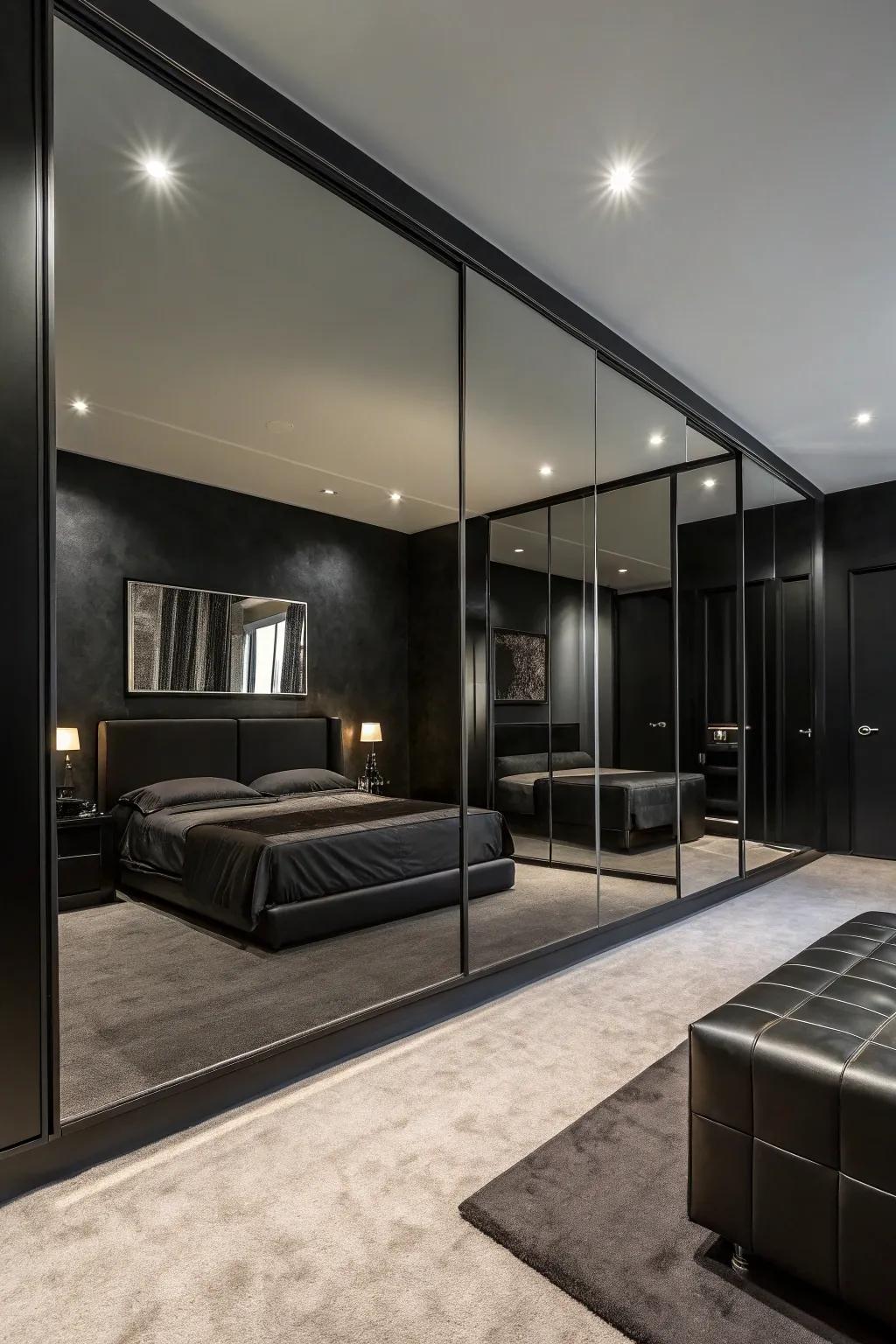 Large mirrors amplify space and reflect light in this chic black bedroom.