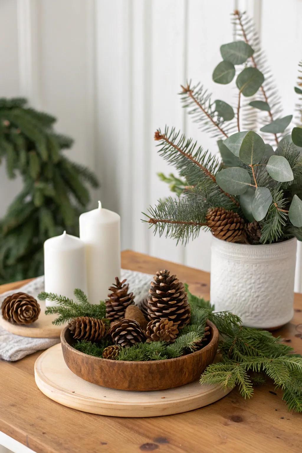 Natural components like pinecones and eucalyptus enhance the minimalist Christmas decor.