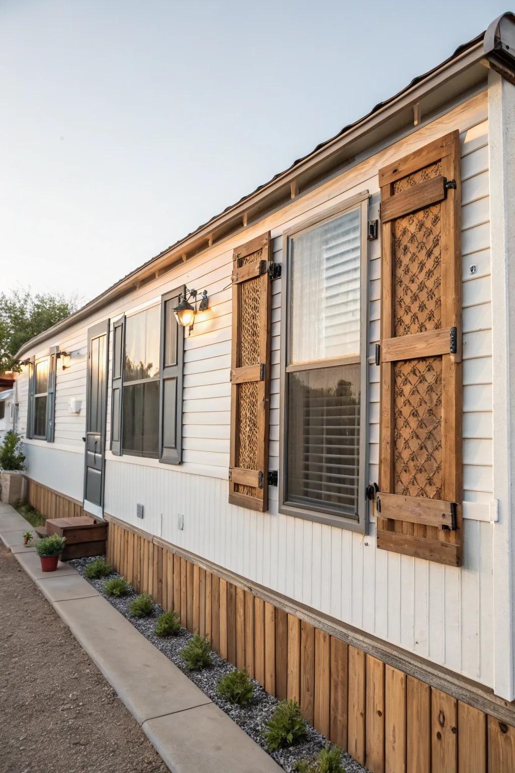 Mixed material shutters adding depth to a mobile home.