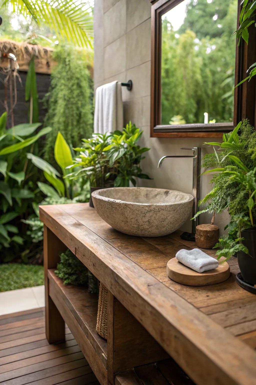 Natural elements bring warmth to modern bathrooms.