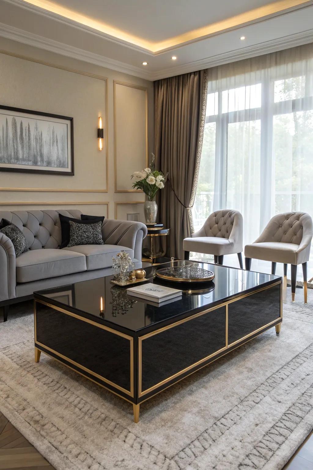 A sleek coffee table with gold trim adding a touch of refinement.